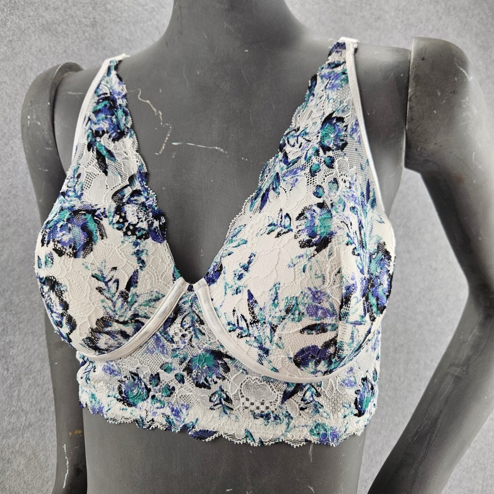 MAIDENFORM Bralette Women 36C White Blue Floral Lace Longline Padded Underwire